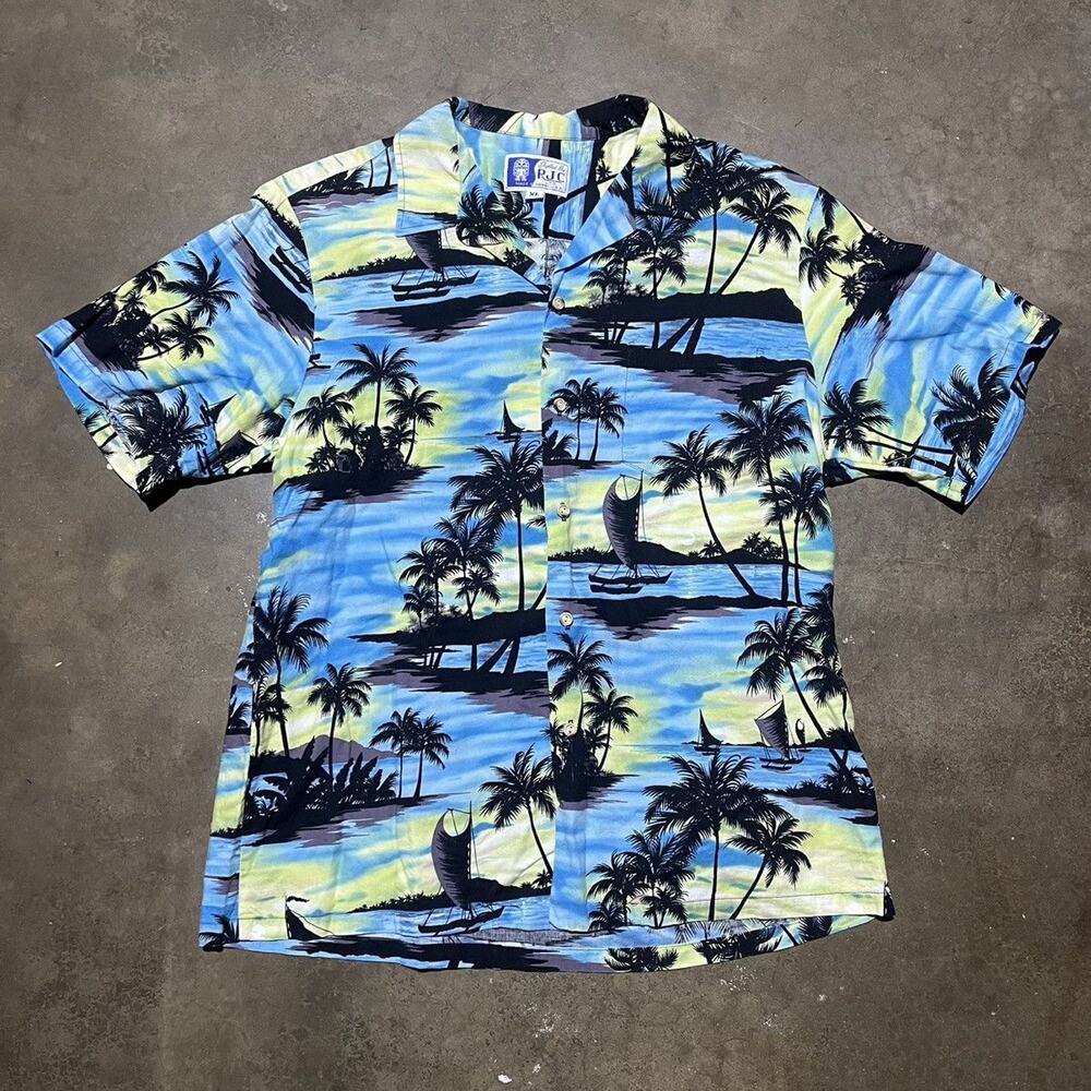 Vintage 80s RJC Ltd Blue USA Hawaiian Pattern Shirt